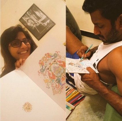 Varalaxmi Sarathkumar tweets about Vishal keeping himself busy with a coloring book