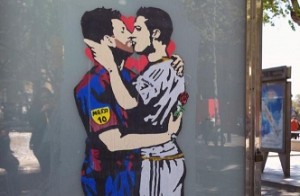 Artist draws picture of Messi kissing Ronaldo in Barcelona