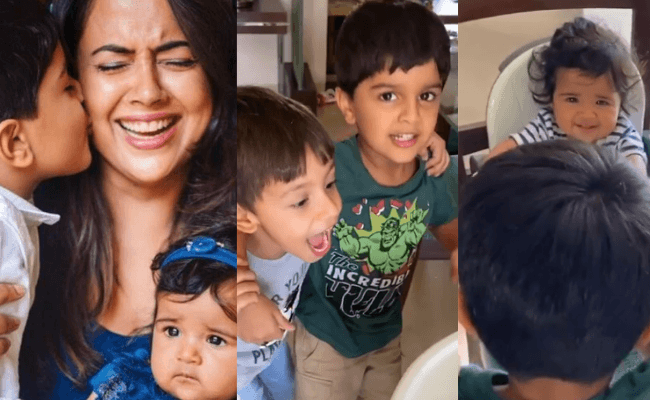 Sameera Reddy's son sings for his baby sister.