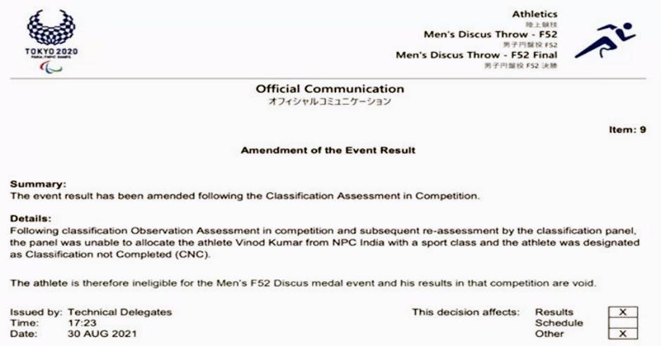 Vinod Kumar declared ineligible for discus throw F52 bronze medal